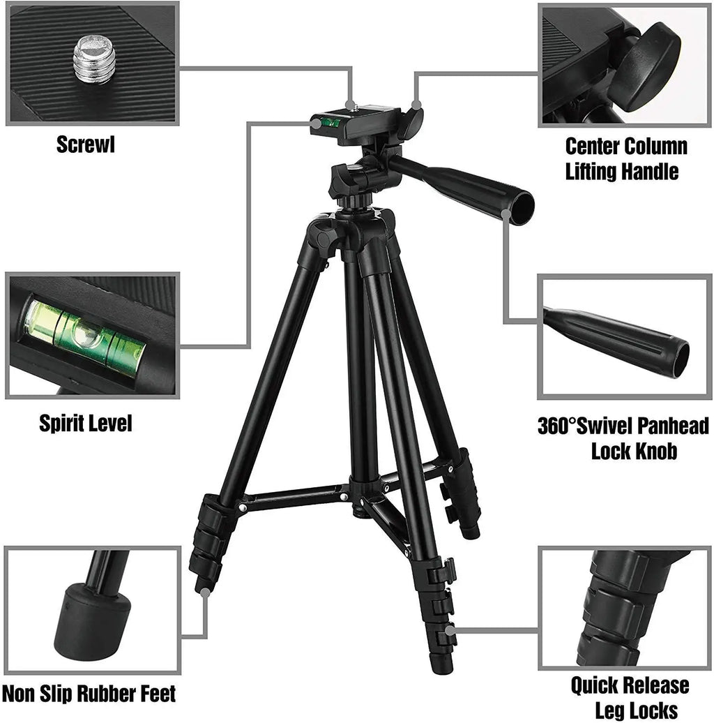 Black tripod with labeled features on a white background