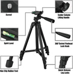 Black tripod with labeled features on a white background