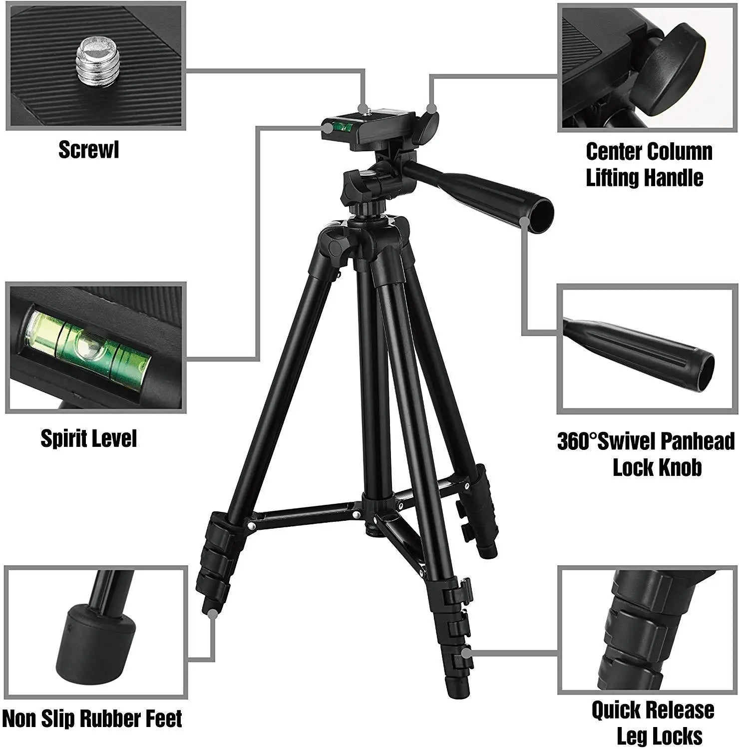 Black tripod with labeled features on a white background