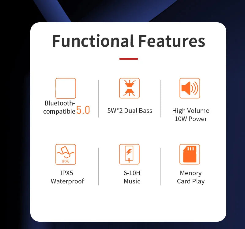 List of functional features on a white card with icons against a dark blue background