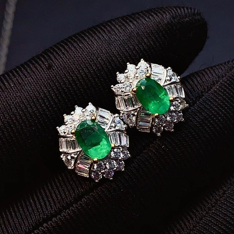 Sterling Silver Real Natural Emerald Stud Earrings