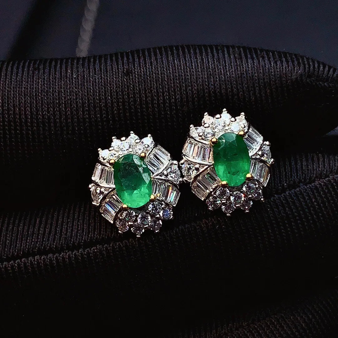 Sterling Silver Real Natural Emerald Stud Earrings