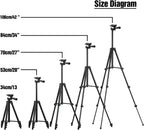 Size diagram of a set of black tripods with measurements in centimeters and inches.