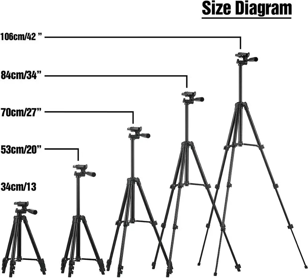 Size diagram of a set of black tripods with measurements in centimeters and inches.