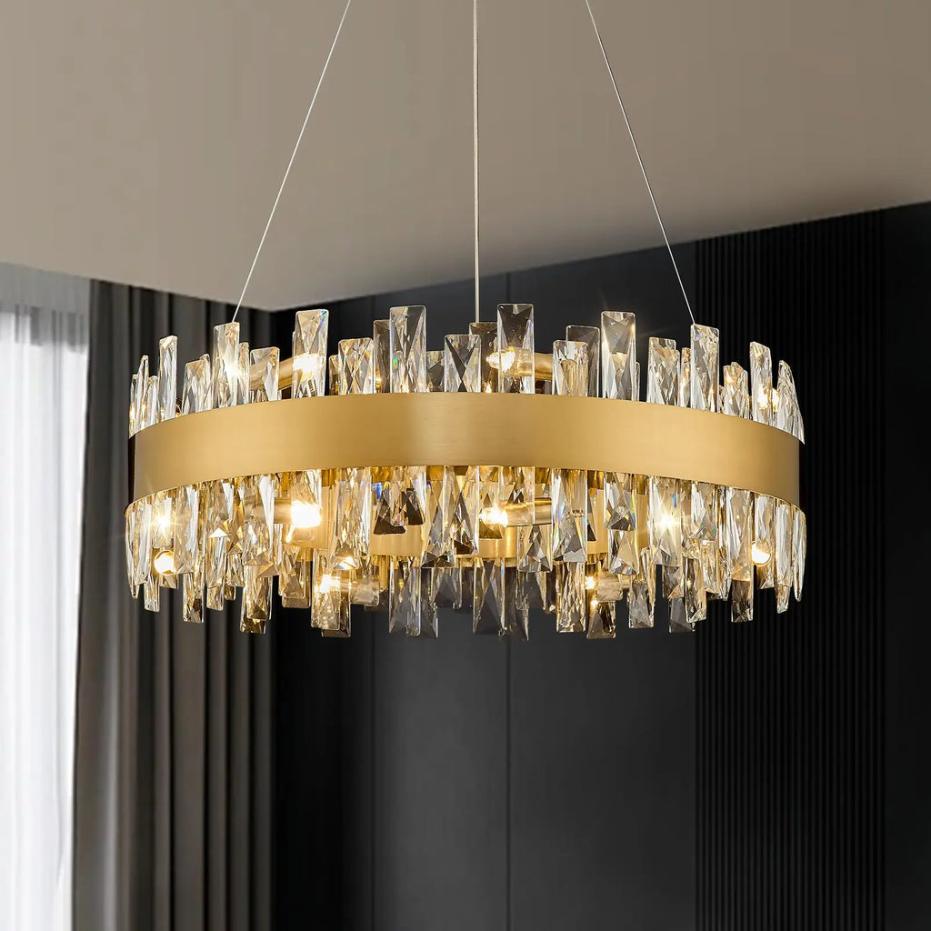 Modern Crystal Chandelier Round Farmhouse K9 Crystal Adjustable Chandeliers for Dining Room Kitchen Island Living Room Bedroom