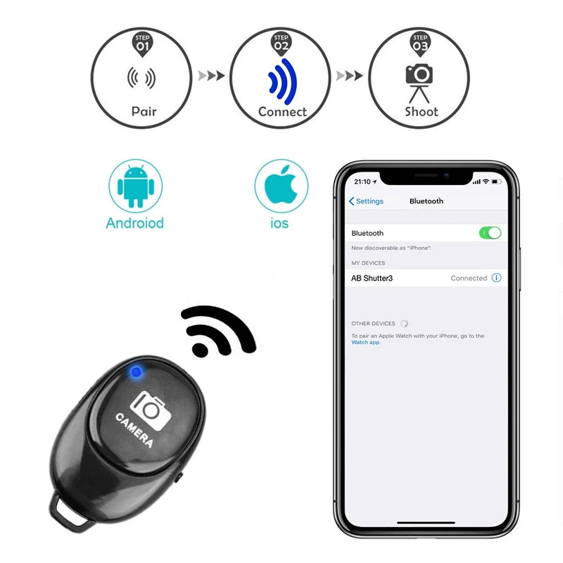 Remote control with smartphone app interface for Bluetooth connection on a white background