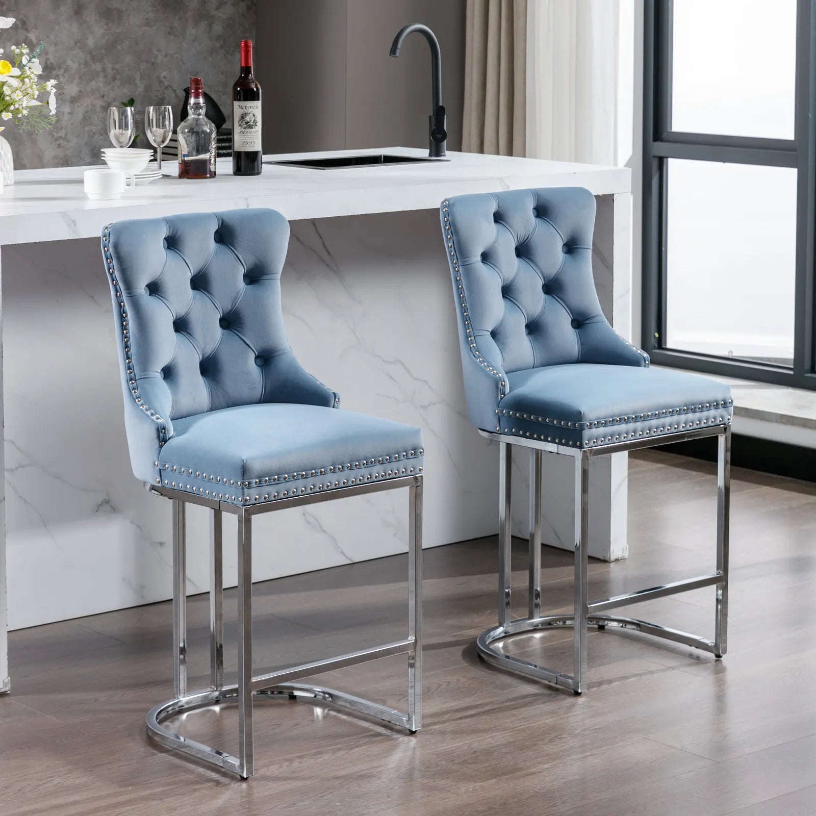 Modern Velvet Counter Height Bar Stools Silk Upholstered Farmhouse Style for Kitchen Island Home Bar Hotels and Bathroom