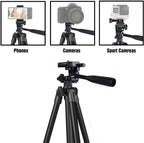 Black tripod with attachments for phones, cameras, and sports cameras on a white background.