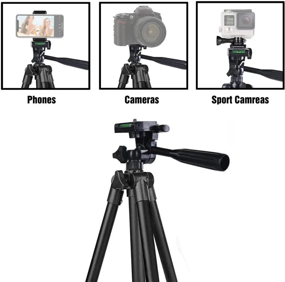 Black tripod with attachments for phones, cameras, and sports cameras on a white background.