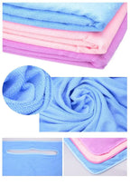 Collage of folded and rolled blue and pink cloths with a hanger on a white background.