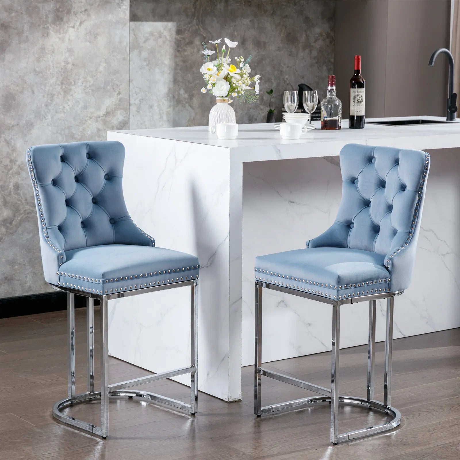 Modern Velvet Counter Height Bar Stools Silk Upholstered Farmhouse Style for Kitchen Island Home Bar Hotels and Bathroom