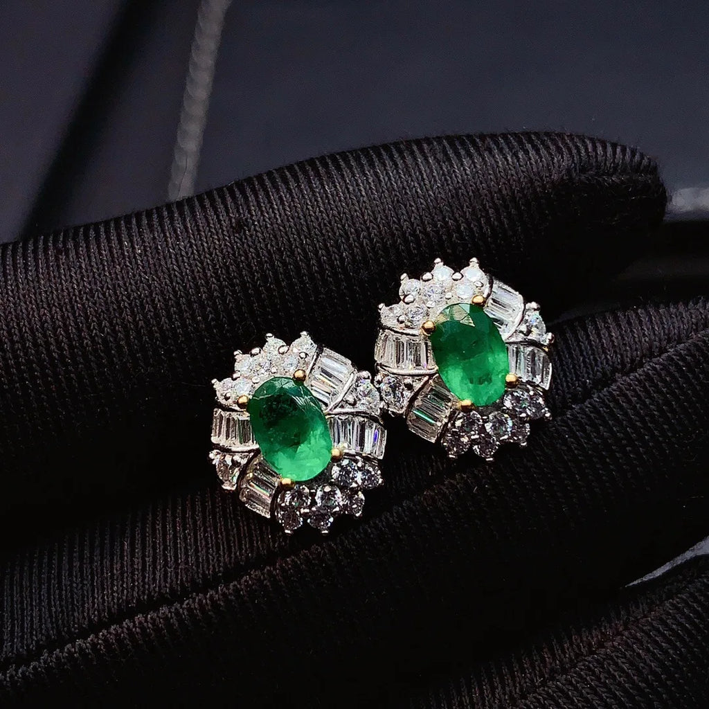 Sterling Silver Real Natural Emerald Stud Earrings