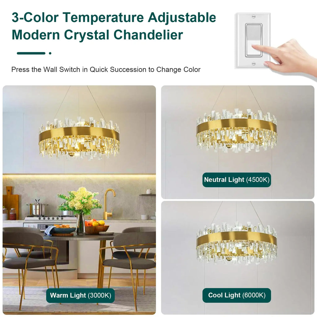 Modern Crystal Chandelier Round Farmhouse K9 Crystal Adjustable Chandeliers for Dining Room Kitchen Island Living Room Bedroom