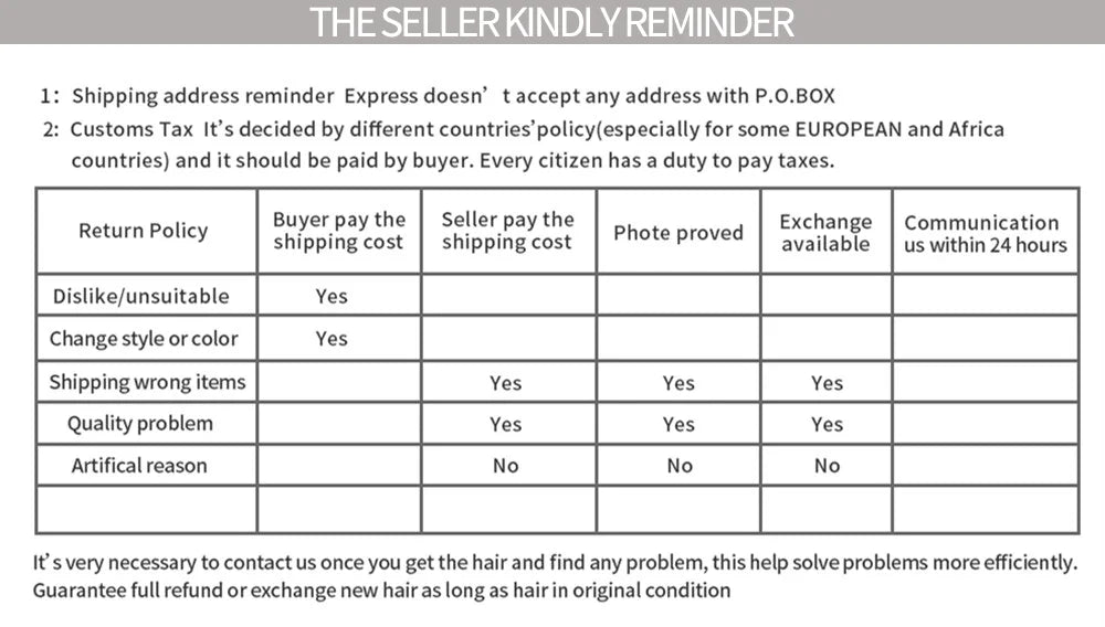 Seller reminder with shipping address, customs tax, and return policy details.