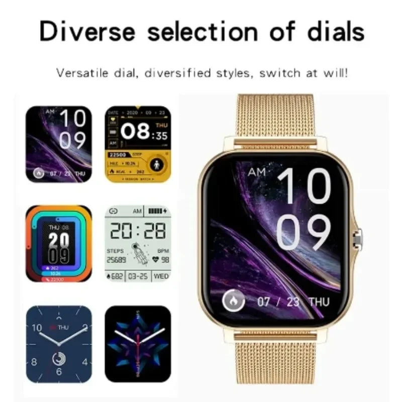 Smartwatch with various dial styles displayed on a white background