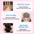 13x6 Lace Front Wig with Braids 24 Inch Black Synthetic Curly Wavy