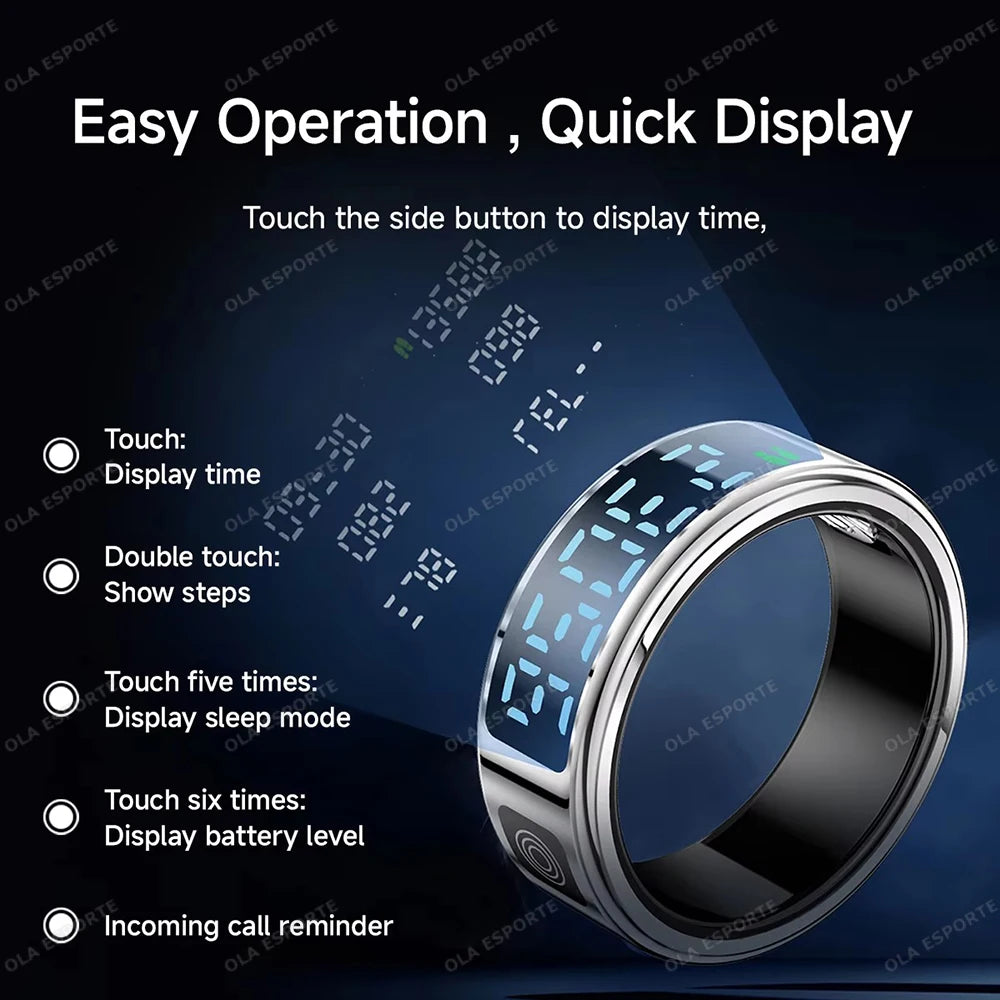 Digital ring with touch controls on a dark background