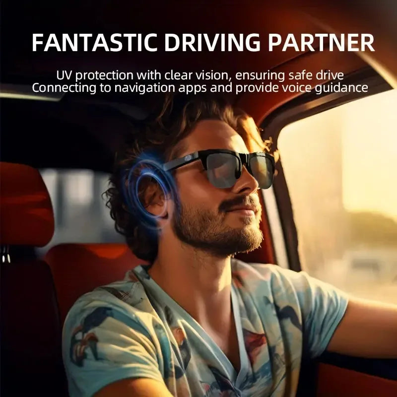Man driving a car with sunglasses and a blue object on his head, text about driving partner features.