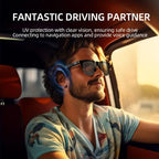 Man driving a car with sunglasses and a blue object on his head, text about driving partner features.