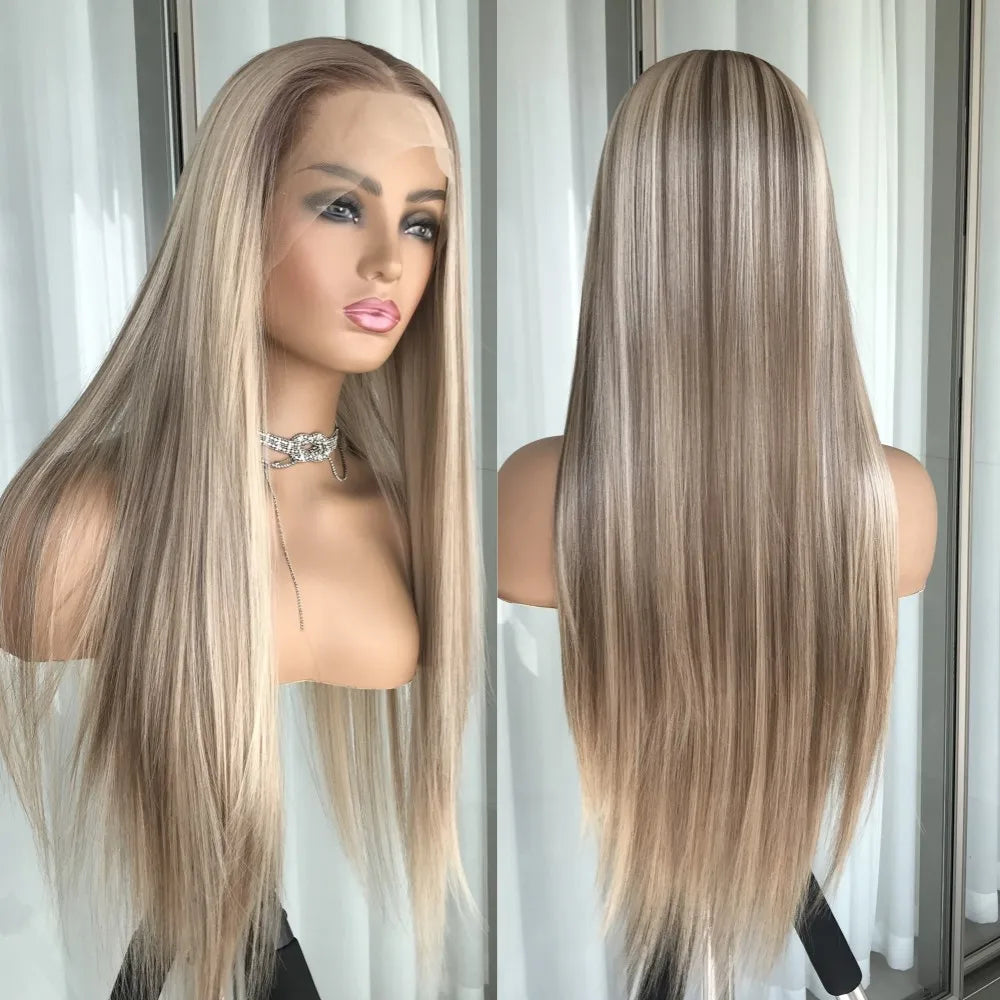 Mannequin head with long blonde wig on a white background.