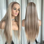 Mannequin head with long blonde wig on a white background.