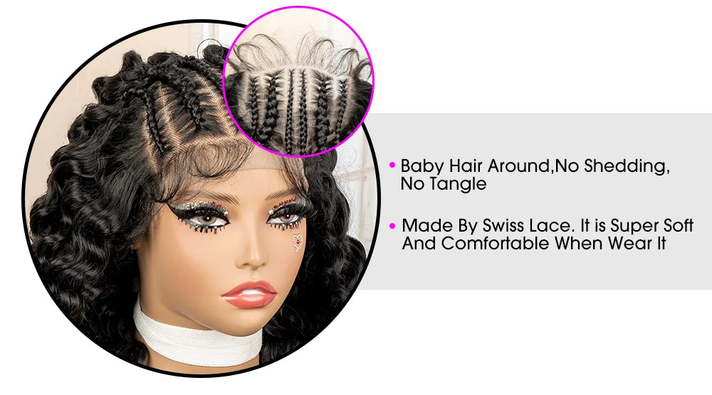 Mannequin head with braided hair and Swiss lace detail, featuring text about product features.