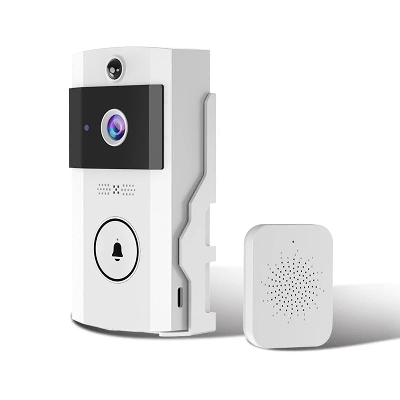 Smart doorbell with camera and speaker on a white background