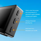 Black electronic device with buttons and screen on a blue background, featuring text instructions.