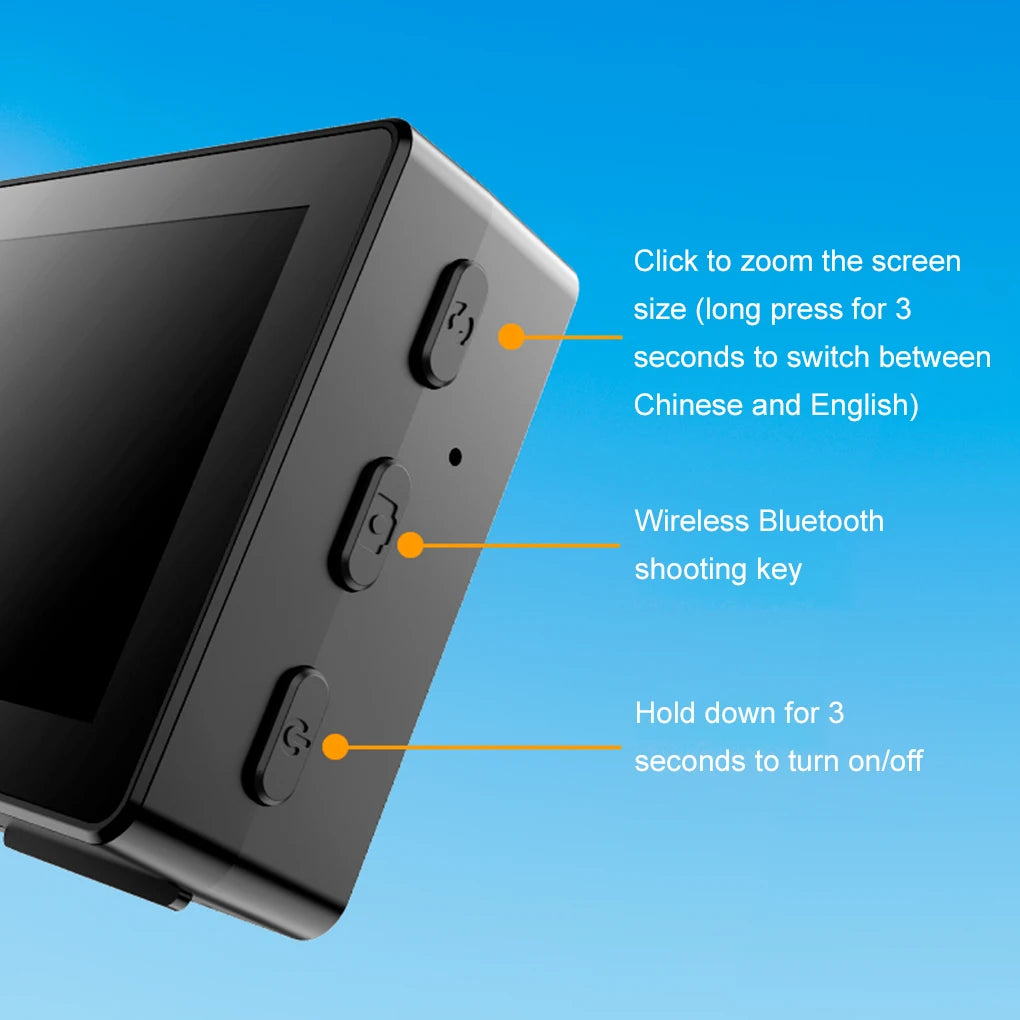 Black electronic device with buttons and screen on a blue background, featuring text instructions.