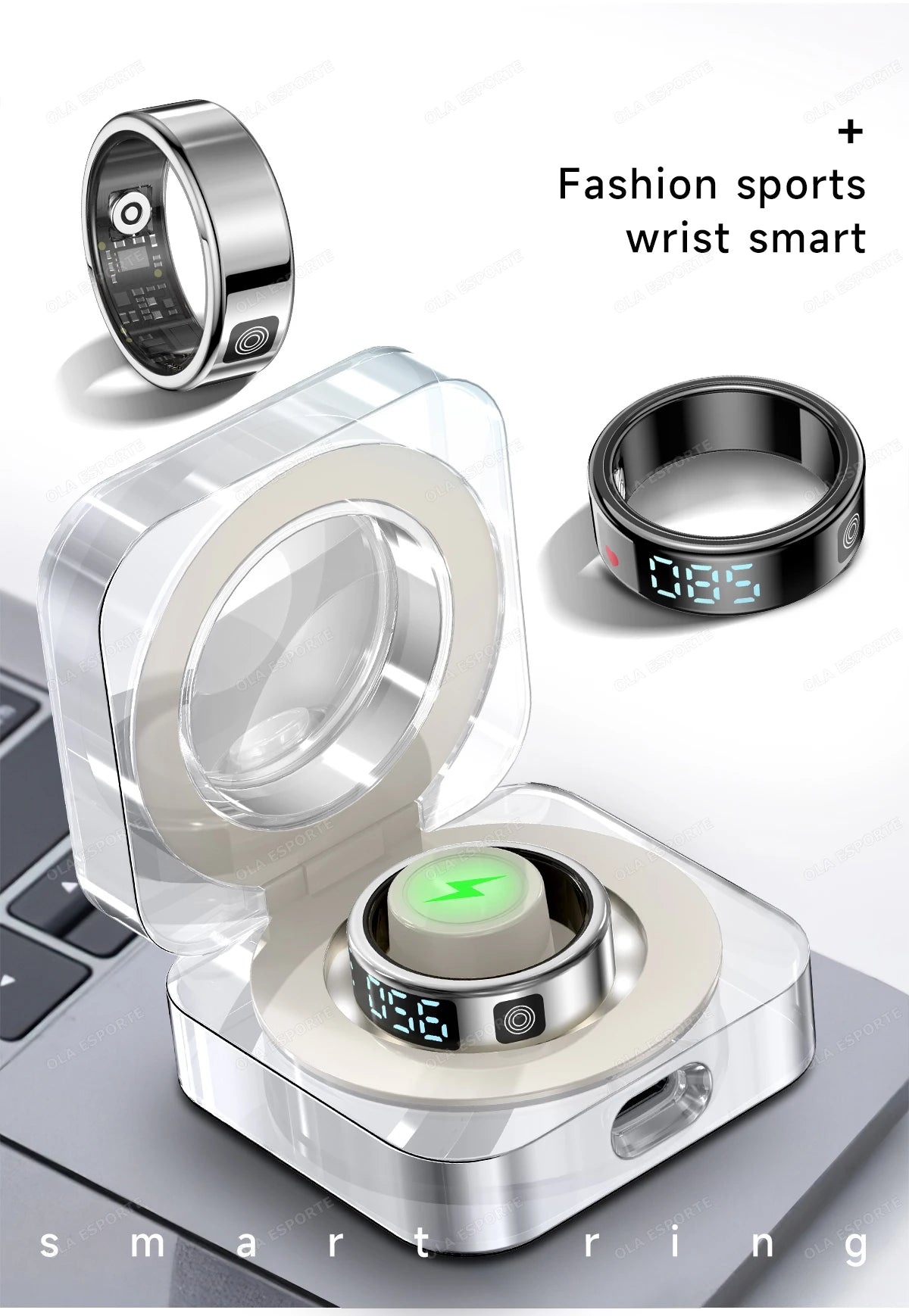 Smart ring with digital display and charging base on a white background