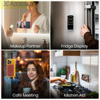 Collage of a smartphone app being used in various settings including makeup, fridge display, café meeting, and kitchen.