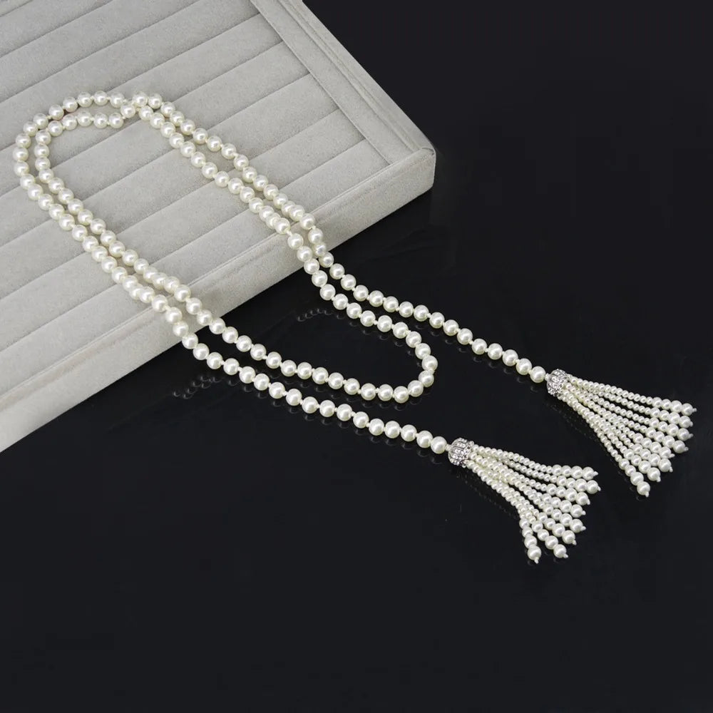 Pearl Beaded Necklace Charm Tassel Sweater Chain Neck Jewelry Accessories Waistband Women
