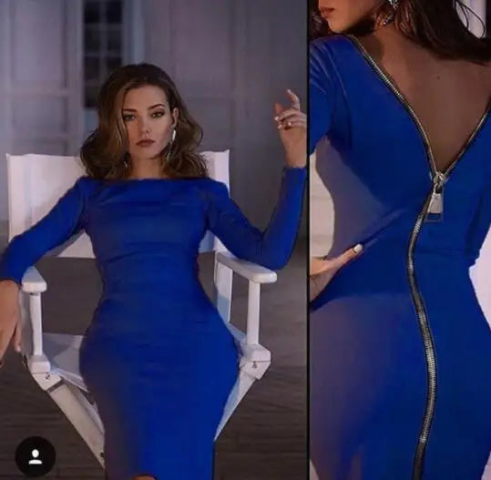 Bodycon dress Solid Color Round neck long sleeve Back zipper tight dress