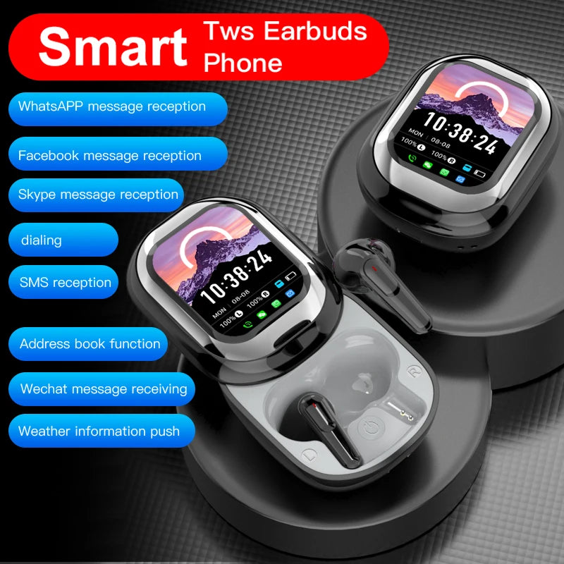 Smart earbuds with phone case displaying time and notifications on a dark background