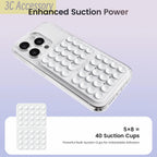 Phone case with enhanced suction power featuring 40 suction cups on a light purple background.