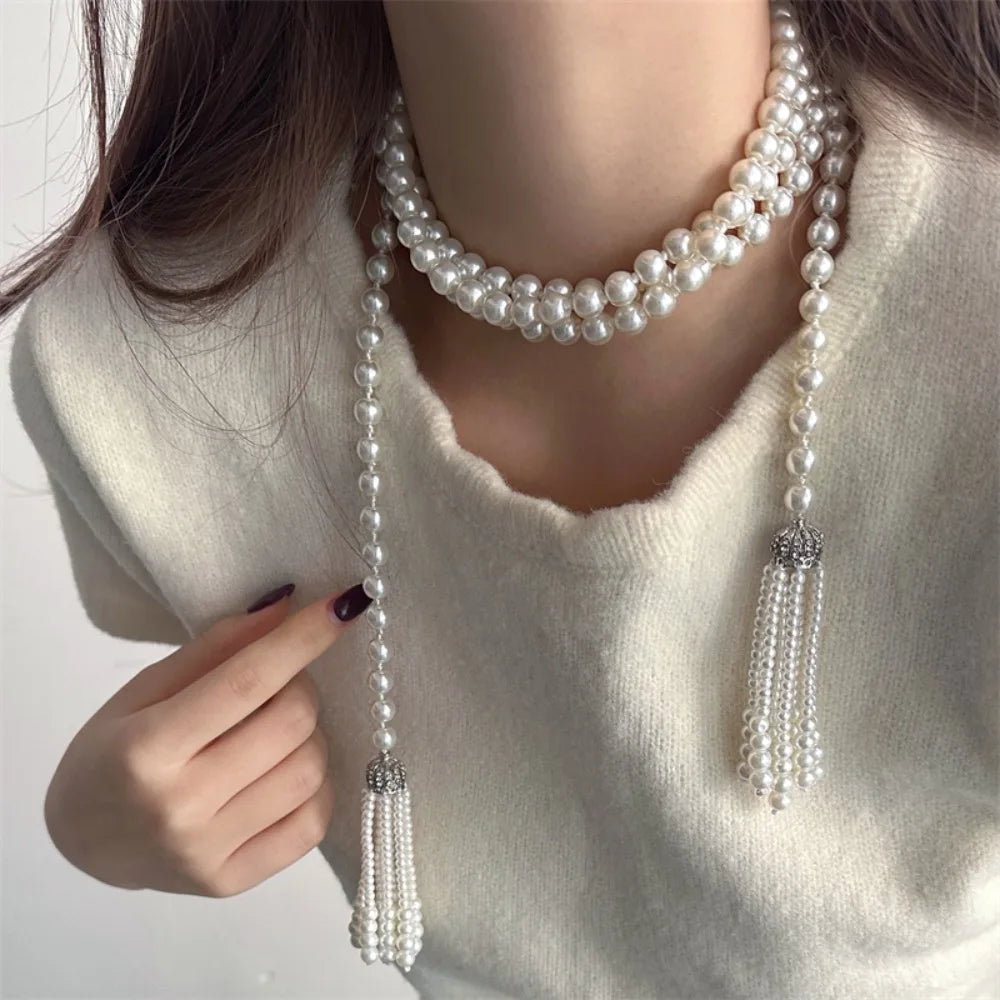 Pearl Beaded Necklace Charm Tassel Sweater Chain Neck Jewelry Accessories Waistband Women