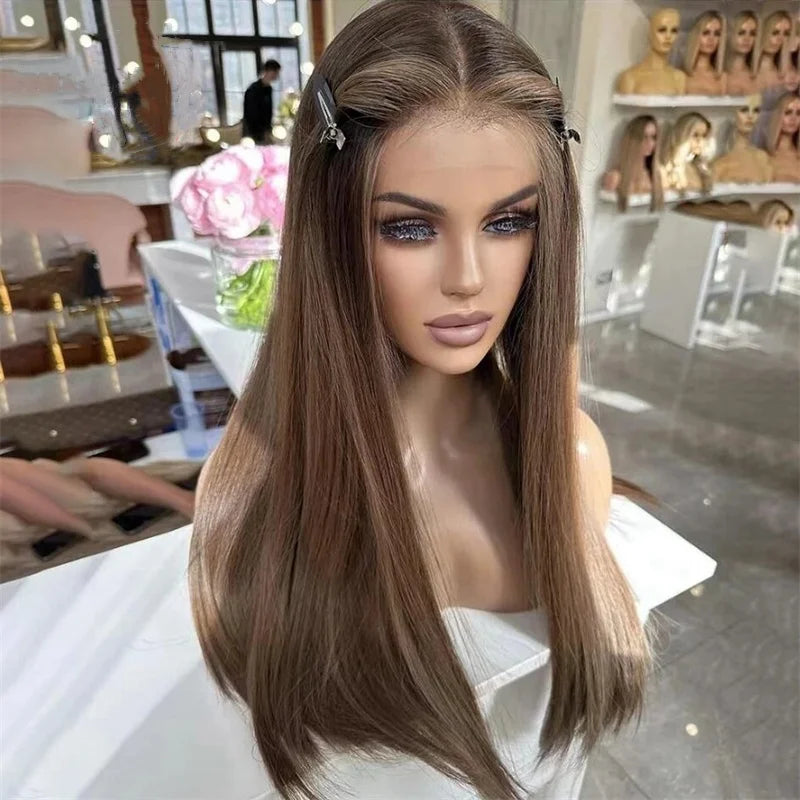 Mannequin head with long brown wig in a salon setting