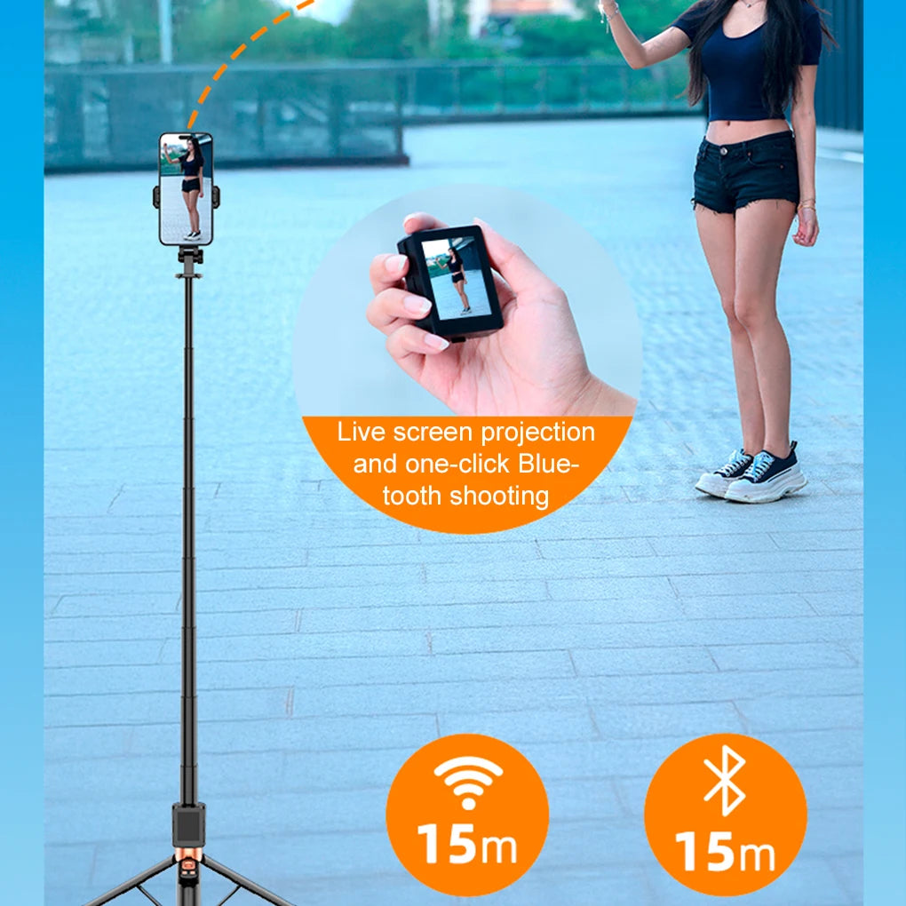 Phone stand with screen projection and Bluetooth features, person using phone outdoors.