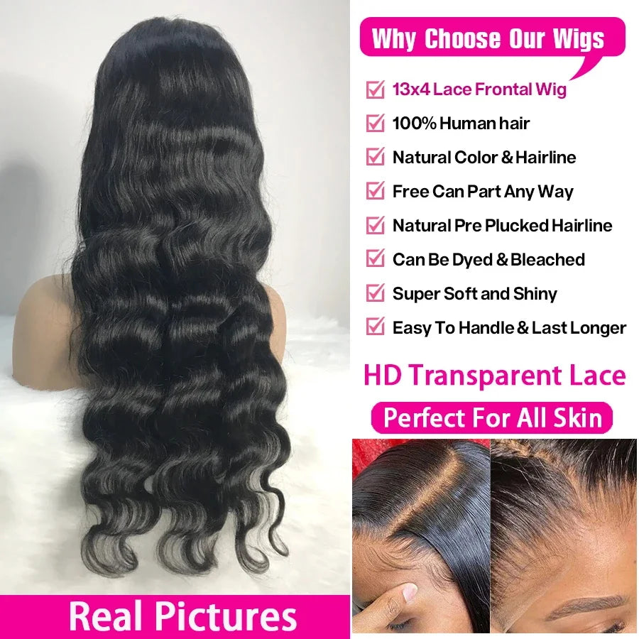Black lace wig with product features listed on a white background