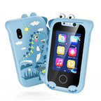 Blue dinosaur phone case with a screen displaying app icons on a white background