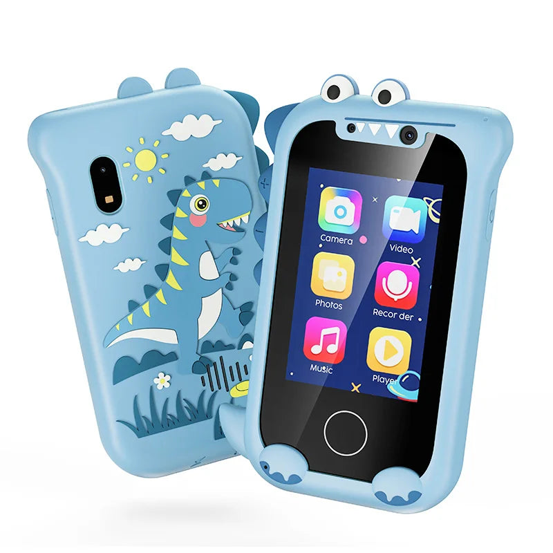 Blue dinosaur phone case with a screen displaying app icons on a white background