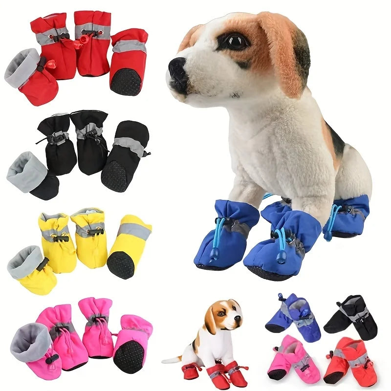 Dog boots in various colors with a dog wearing blue boots on a white background