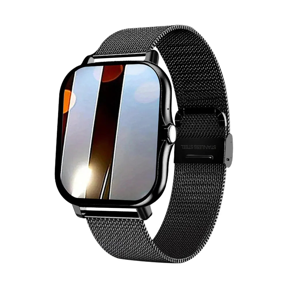 Smartwatch with a black mesh band on a white background
