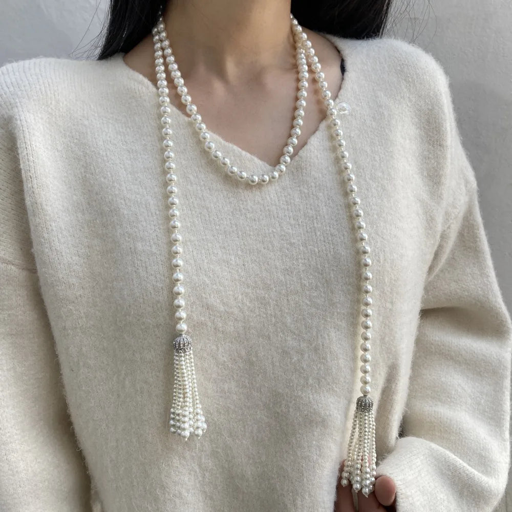 Pearl Beaded Necklace Charm Tassel Sweater Chain Neck Jewelry Accessories Waistband Women