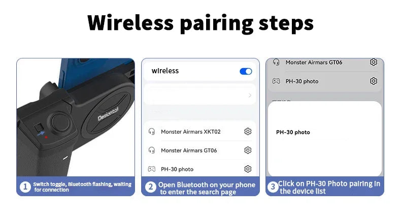 Step-by-step guide for wireless pairing with a device and smartphone interface.