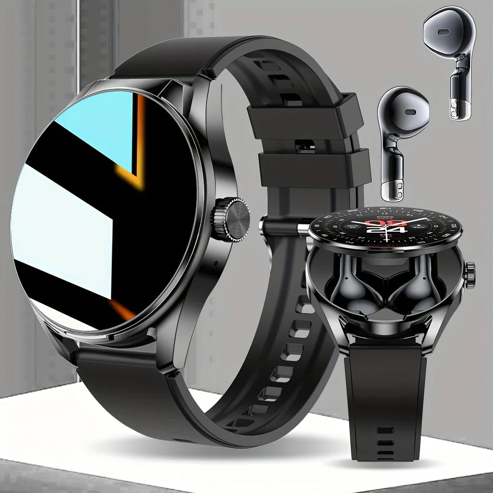 Smartwatch and wireless earbuds on a gray background