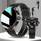 Smartwatch and wireless earbuds on a gray background