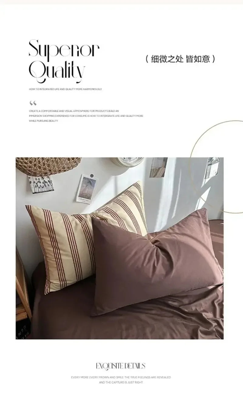 Brown and beige striped pillows on a sofa with 'Superior Quality' text above.
