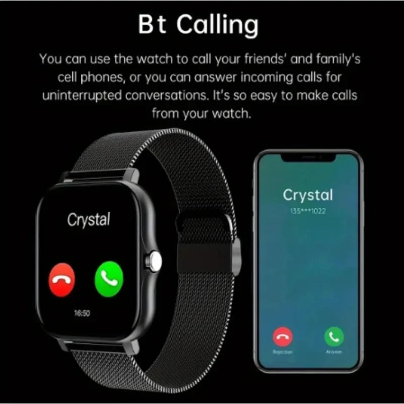 Smartwatch and phone showing call interface with 'Crystal' on screen, text about Bluetooth calling.