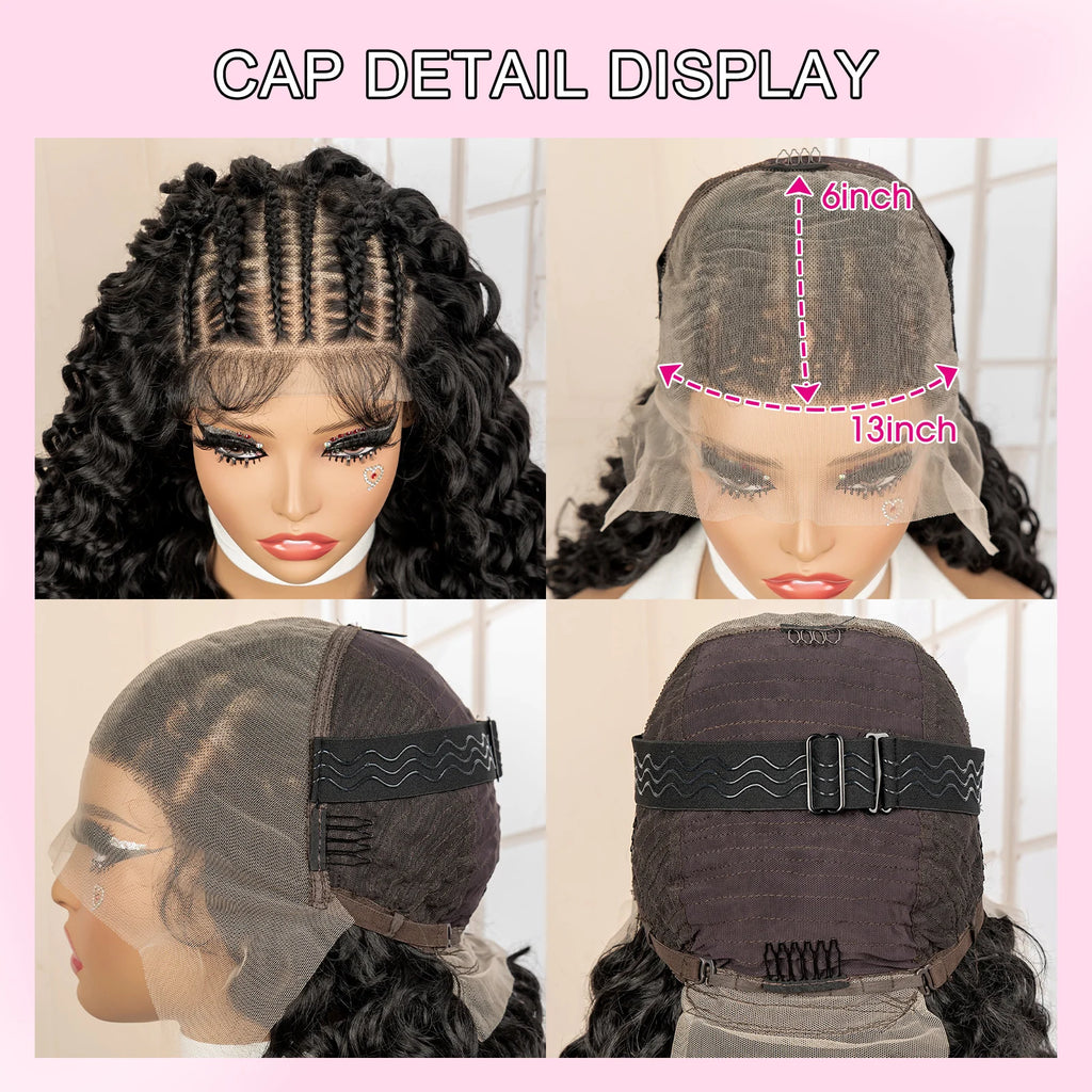 Cap detail display of a wig with measurements and close-up views on a pink background.